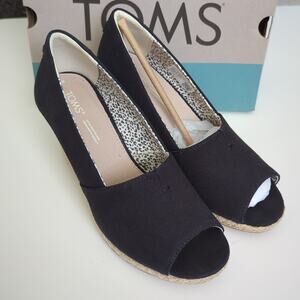 TOMS Wedge Sandals Size 8 Espadrilles Michelle Black Canvas Jute New Box